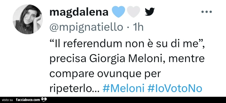 Il referendum non è su di me, precisa giorgia meloni, mentre compare ovunque per ripeterlo