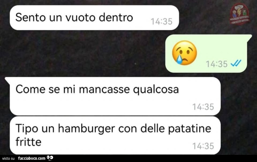 Sento un vuoto dentro come se mi mancasse qualcosa tipo un hamburger con delle patatine fritte
