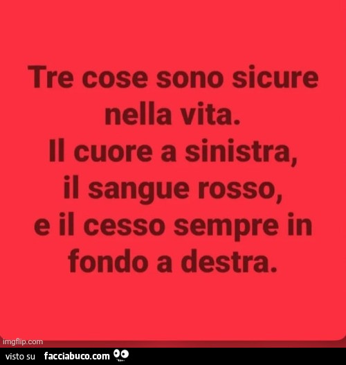 Tre cose sono sicure nella vita. Il cuore a sinistra, il sangue rosso, e il cesso sempre in fondo a destra