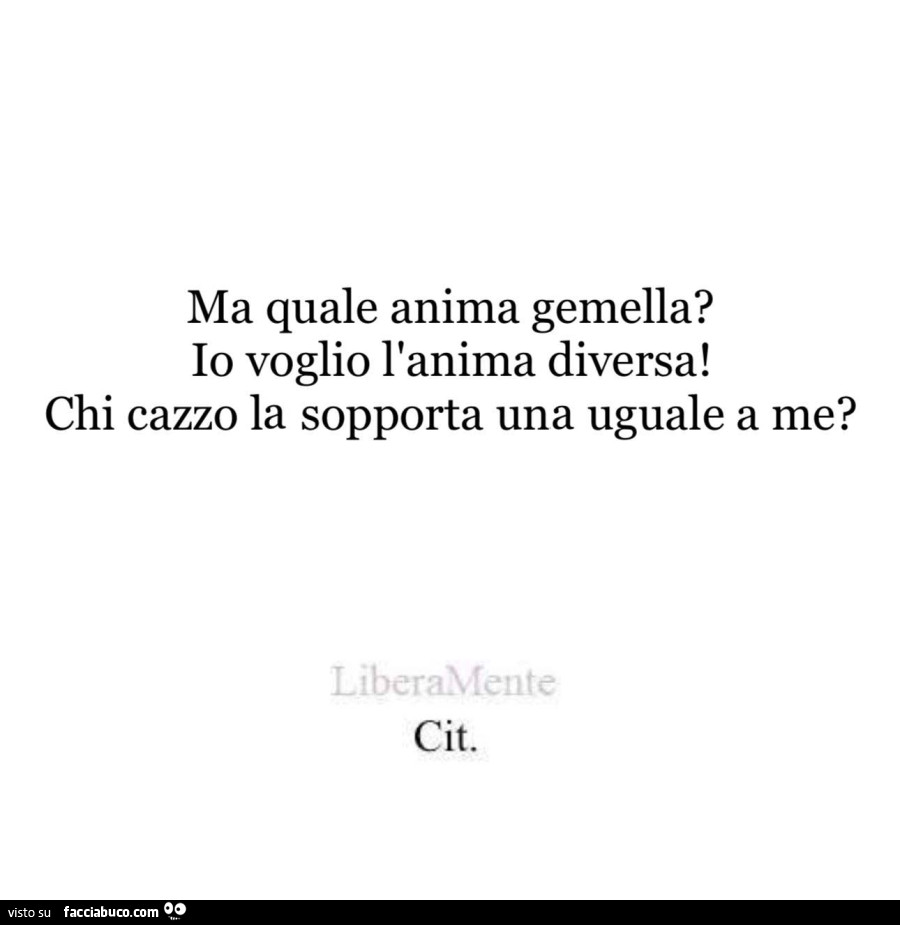 Ma quale anima gemella? Io voglio l'anima diversa! Chi cazzo la sopporta una uguale a me?