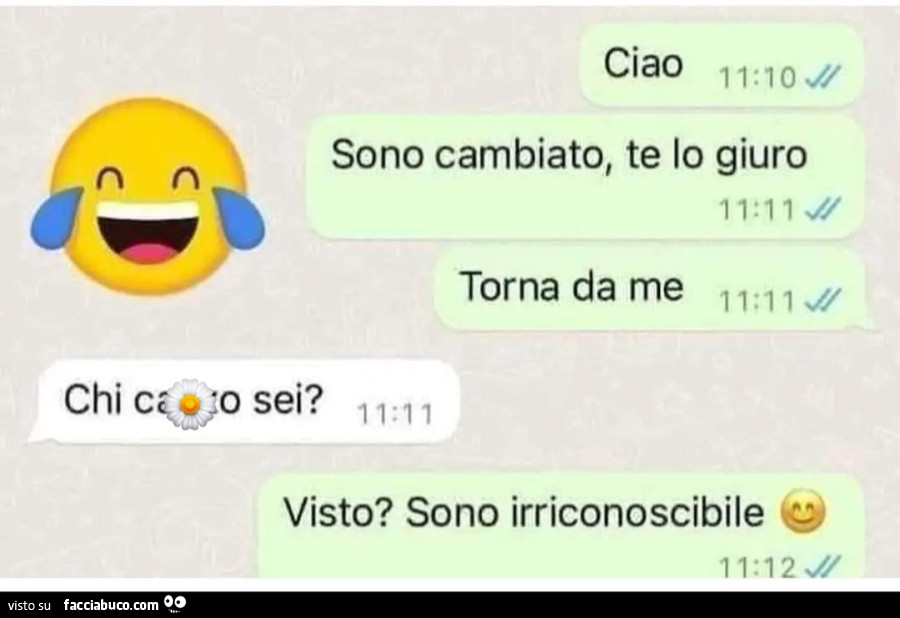 Ciao sono cambiato, te lo giuro torna da me. Chi cazzo sei? Visto? Sono irriconoscibile