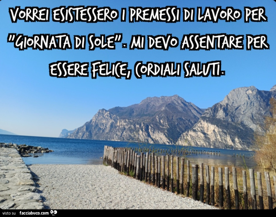 Vorrei esistessero i premessi di lavoro per "giornata di sole". Mi devo assentare per essere felice, cordiali saluti