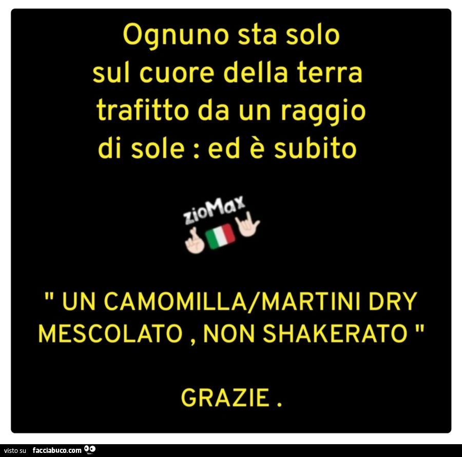 Ognuno sta solo sul cuore della terra trafitto da un raggio di sole: ed รจ subito un camomilla/martini dry mescolato, non shakerato grazie