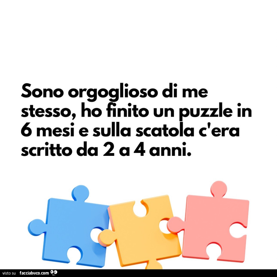 Sono orgoglioso di me stesso, ho finito un puzzle in 6 mesi e sulla scatola c'era scritto da 2 a 4 anni
