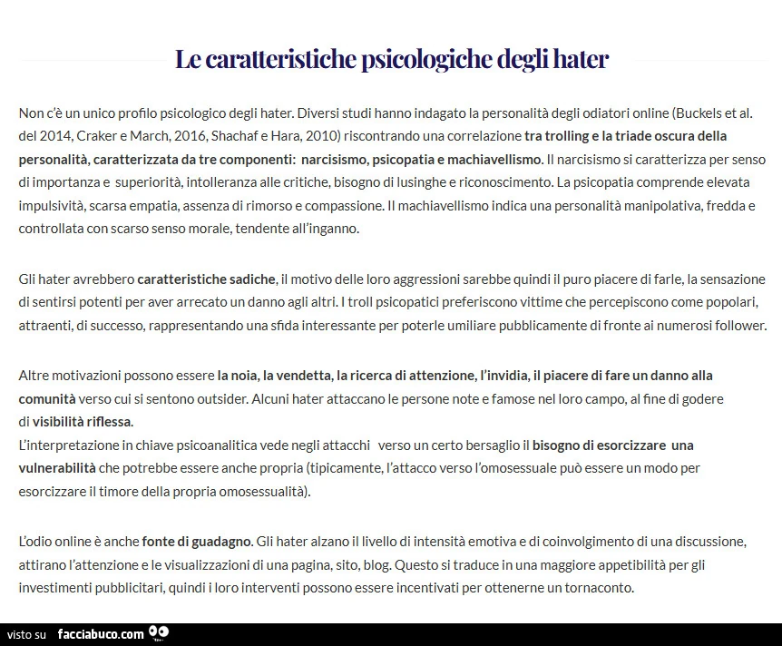 Le caratteristiche psicologiche degli hater