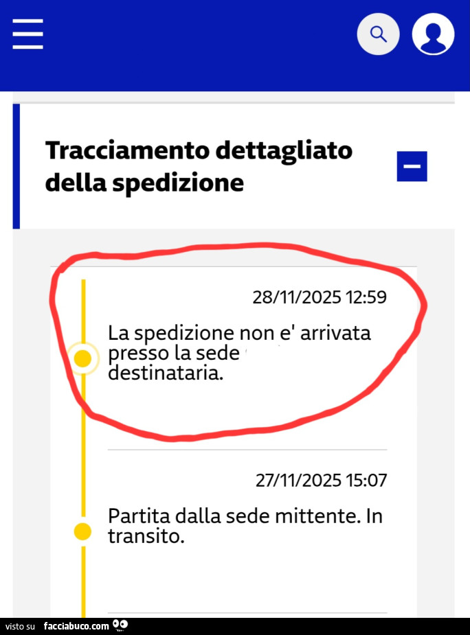La spedizione non รจ arrivata presso la sede destinataria