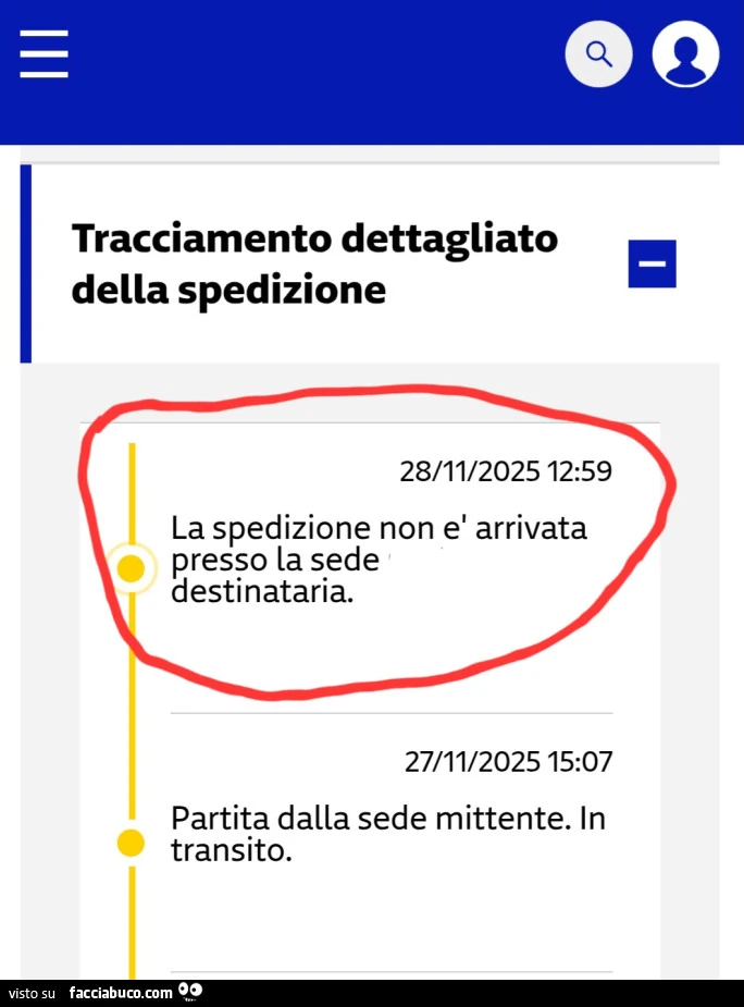 La spedizione non è arrivata presso la sede destinataria