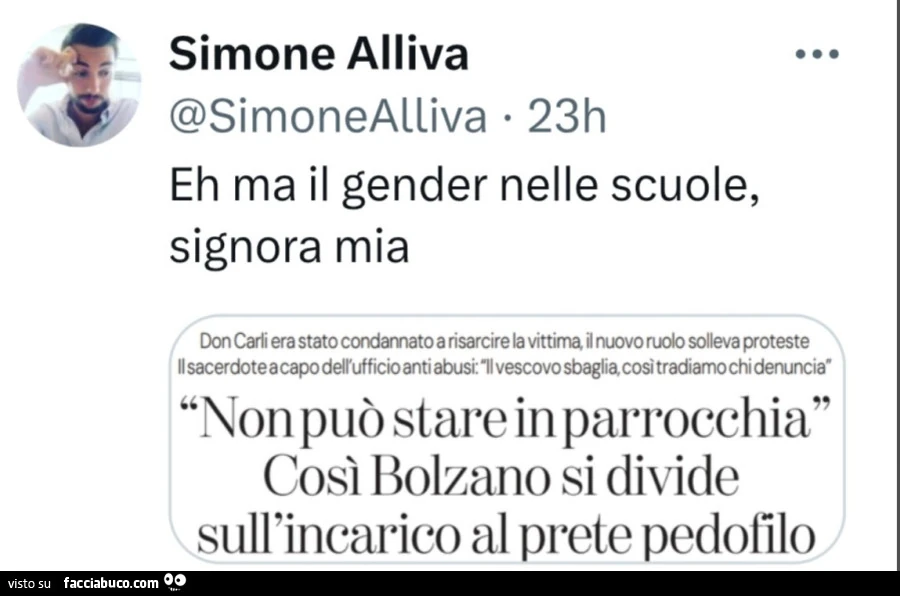 Eh ma il gender nelle scuole, signora mia. Non può stare in parrocchia così bolzano si divide sull'incarico al prete pedofilo