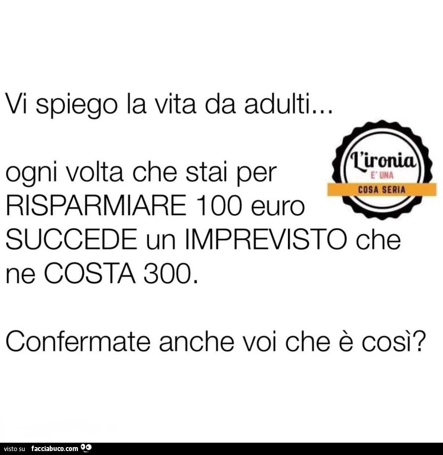 Vi spiego la vita da adulti. Ogni volta che stai per risparmiare 100 euro succede un imprevisto che ne costa 300. Confermate anche voi che รจ cosรฌ?