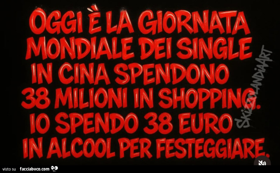 Oggi è la giornata mondiale dei single. In cina spendono 38 milioni in shopping. Io spendo 38 euro in alcool per festeggiare