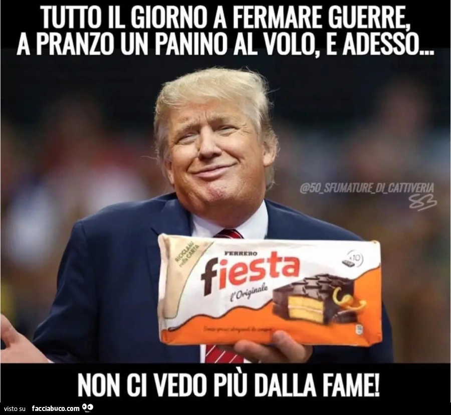 Tutto il giorno a fermare guerre a pranzo un panino al volo e adesso non ci vedo più dalla fame brioche fiesta donald trump