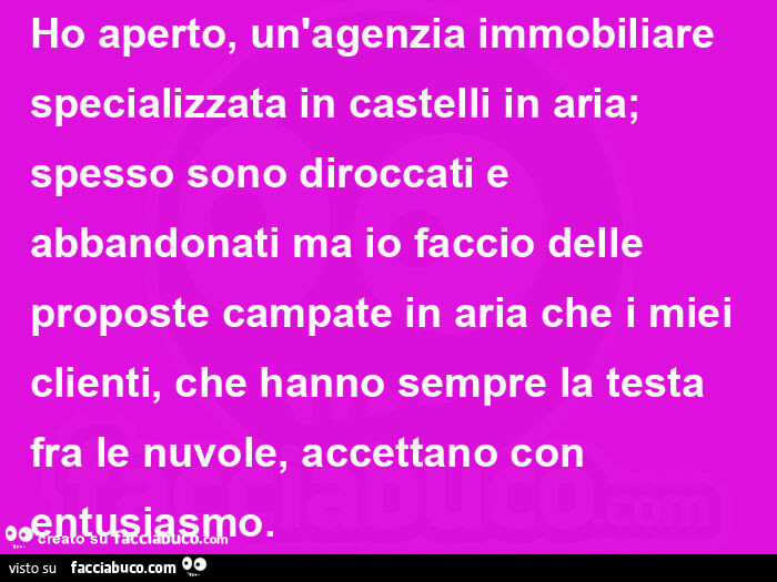 Ho aperto, un'agenzia immobiliare specializzata in castelli in aria; spesso sono diroccati e abbandonati ma io faccio delle proposte campate in aria che i miei clienti, che hanno sempre la testa fra le nuvole, accettano con entusiasmo