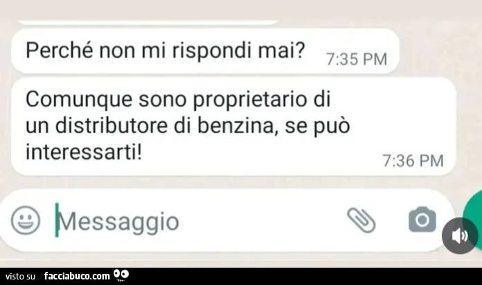 Perché non mi rispondi mai? Comunque sono proprietario di un distributore di benzina, se può interessarti