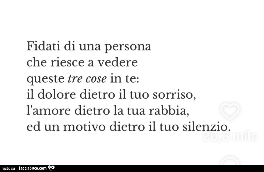 Fidati di una persona che riesce a vedere queste tre cose in te: il dolore dietro il tuo sorriso, l'amore dietro la tua rabbia, ed un motivo dietro il tuo silenzio