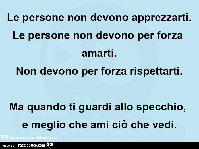 Le persone non devono apprezzarti. Le persone non devono per forza amarti. Non devono per forza rispettarti. Ma quando ti guardi allo specchio, e meglio che ami ciò che vedi