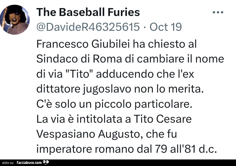 Francesco giubilei ha chiesto al sindaco di roma di cambiare il nome di via tito adducendo che l'ex dittatore jugoslavo non lo merita