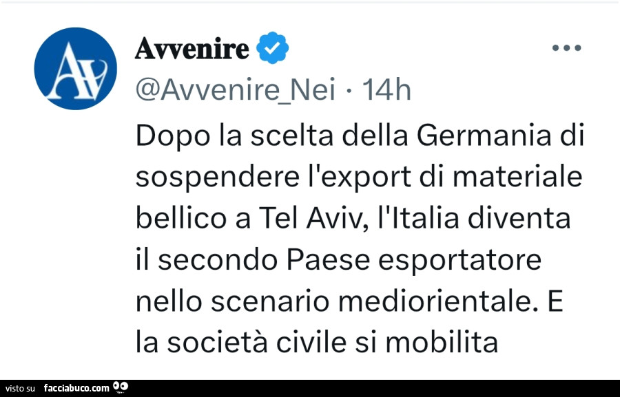 Dopo la scelta della germania di sospendere l'export di materiale bellico a tel aviv, l'italia diventa il secondo paese esportatore nello scenario mediorientale. E la società civile si mobilita