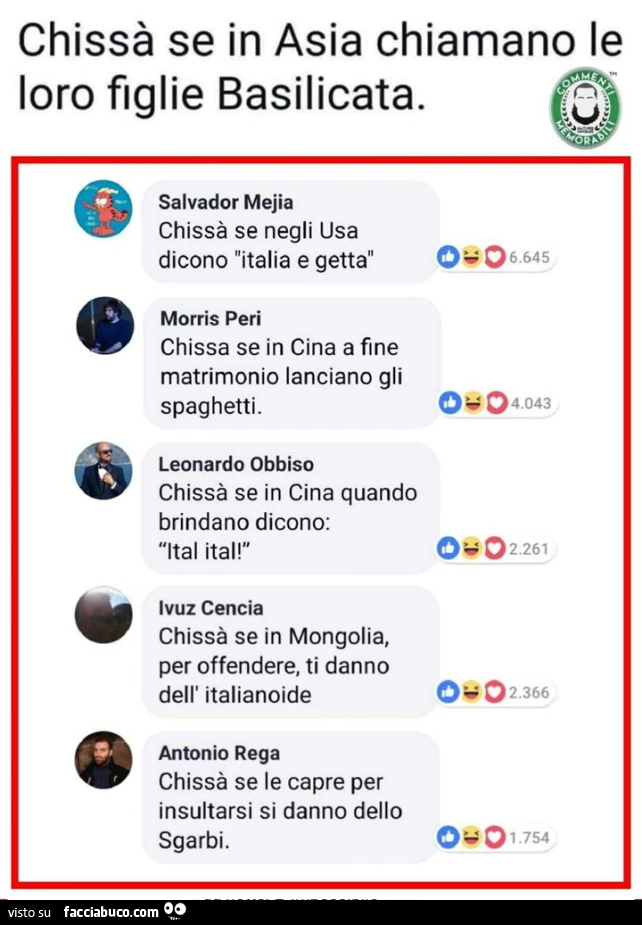 Chissà se in asia chiamano le loro figlie basilicata. Chissà se negli usa dicono italia e getta