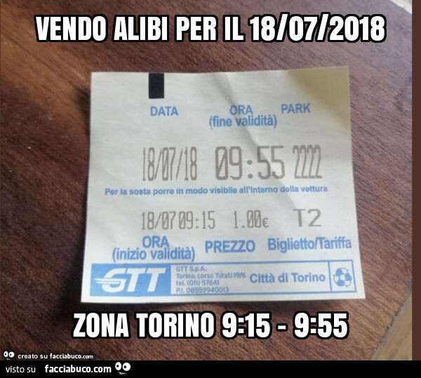 Vendo alibi per il 18/07/2018 zona torino 9: 15 - 9: 55