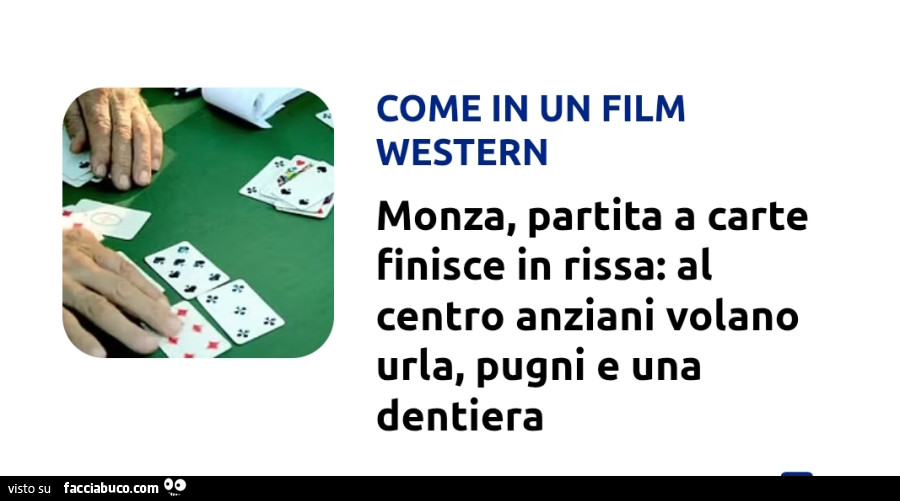 Come in un film western. Monza, partita a carte finisce in rissa: al centro anziani volano urla, pugni e una dentiera