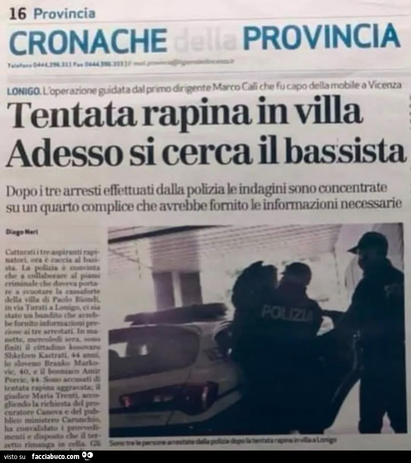 Cronache della provincia lonigo tentata rapina in villa adesso si cerca il bassista