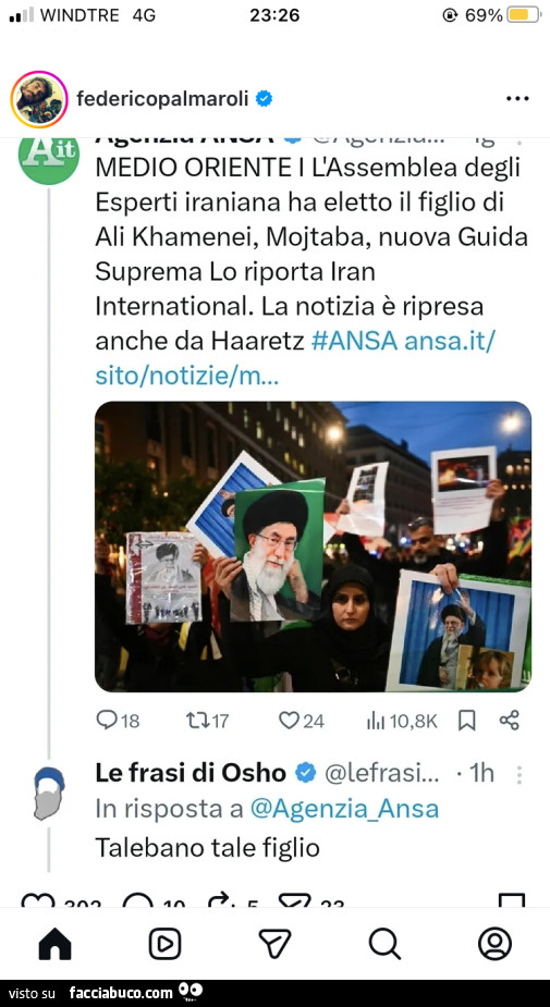 Medio oriente l'assemblea degli esperti iraniana ha eletto il figlio di ali khamenei, mojtaba, nuova guida suprema lo riporta iran international. Talebano tale figlio