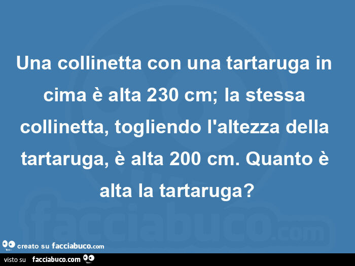 Una collinetta con una tartaruga in cima è alta 230 cm; la stessa collinetta, togliendo l'altezza della tartaruga, è alta 200 cm. Quanto è alta la tartaruga?