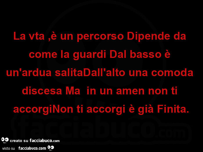 La vta, è un percorso dipende da come la guardi dal basso è un'ardua salitadall'alto una comoda discesa ma  in un amen non ti accorginon ti accorgi è già finita