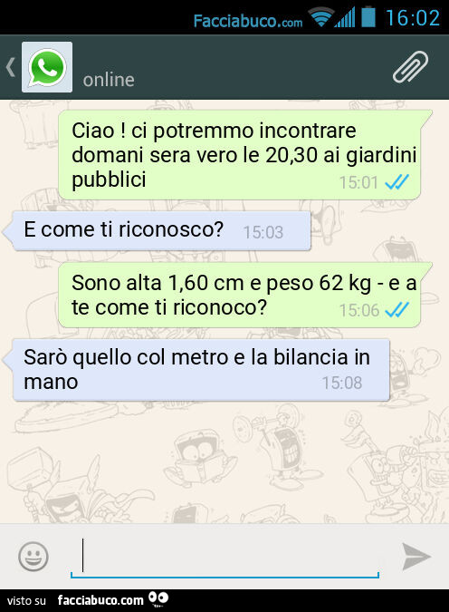 Ciao! Ci potremmo incontrare domani sera vero le 20,30 ai giardini pubblici. E come ti riconosco? Sono alta 1,60 cm e peso 62 kg - e a te come ti riconoco? Sarò quello col metro e la bilancia in mano