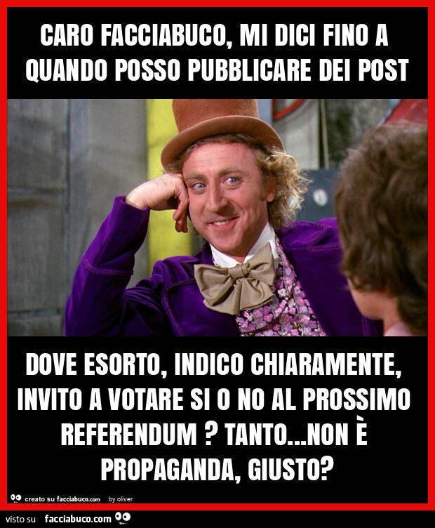 Caro facciabuco, mi dici fino a quando posso pubblicare dei post dove esorto, indico chiaramente, invito a votare si o no al prossimo referendum? Tanto&hellip; non è propaganda, giusto?