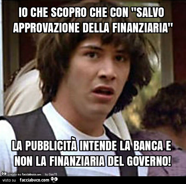 Io che scopro che con "salvo approvazione della finanziaria" la pubblicità intende la banca e non la finanziaria del governo