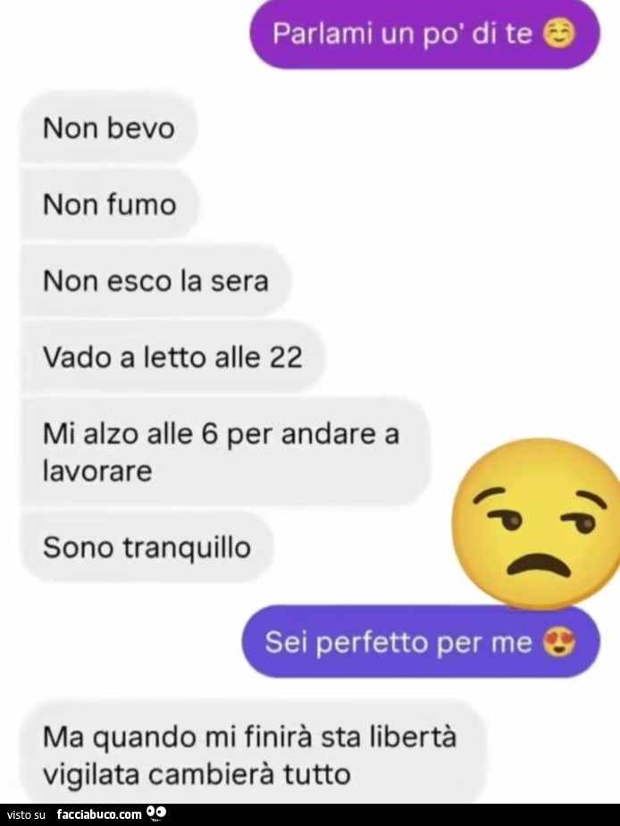Parlami un po' di te. Non bevo non fumo non esco la sera vado a letto alle 22 mi alzo alle 6 per andare a lavorare sono tranquillo. Sei perfetto per me. Ma quando mi finirà sta libertà vigilata cambierà tutto