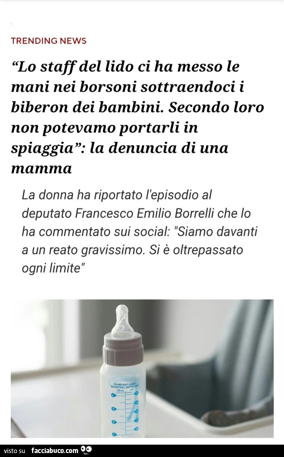 Lo staff del lido ci ha messo le mani nei borsoni sottraendoci i biberon dei bambini. Secondo loro non potevamo portarli in spiaggia