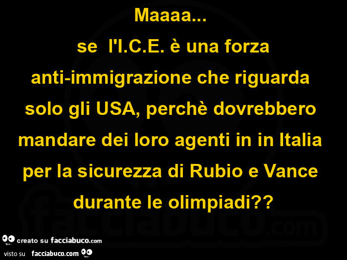 Maaaa&hellip;   se  l'i. C. E. È Una forza anti-immigrazione che riguarda  solo gli usa, perchè dovrebbero mandare dei loro agenti in in italia per la sicurezza di rubio e vance  durante le olimpiadi?