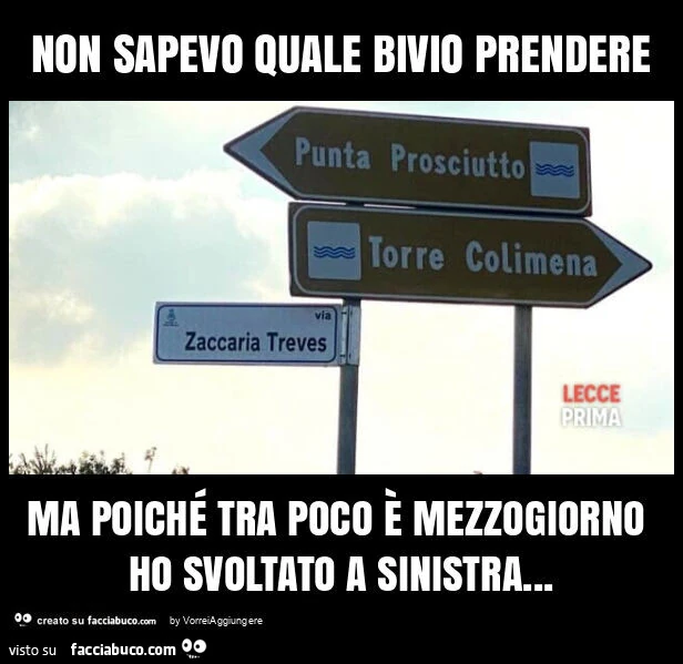 Non sapevo quale bivio prendere ma poichรฉ tra poco รจ mezzogiorno ho svoltato a sinistra