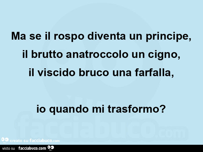 Ma se il rospo diventa un principe, il brutto anatroccolo un cigno, il viscido bruco una farfalla, io quando mi trasformo?
