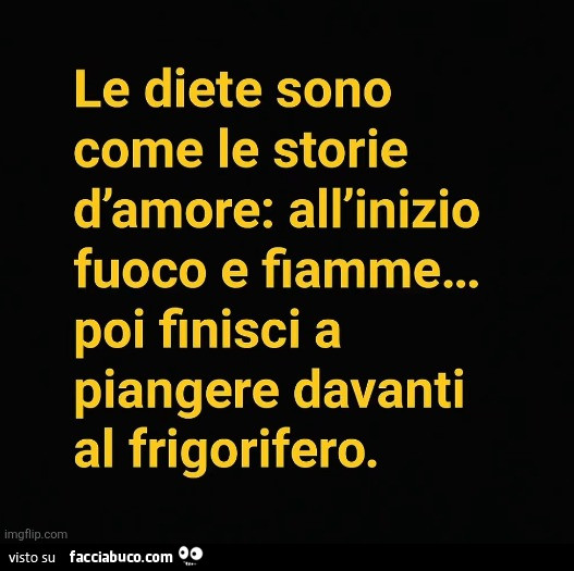 Le diete sono come le storie d'amore: all'inizio fuoco e fiamme… poi finisci a piangere davanti al frigorifero