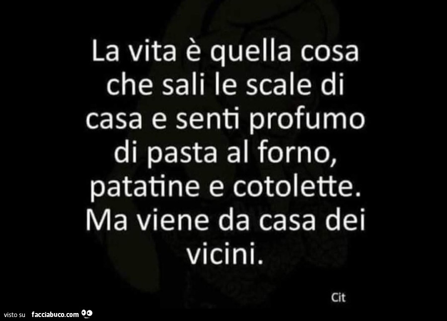 La vita è quella cosa che sali le scale di casa e senti il profumo di pasta al forno patatine e cotolette ma viene da casa dei vicini