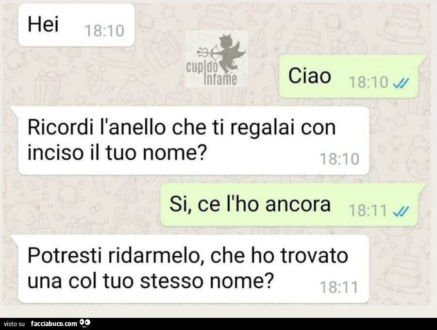 Hei. Ciao. Ricordi l'anello che ti regalai con inciso il tuo nome? Si, ce l'ho ancora. Potresti ridarmelo, che ho trovato una col tuo stesso nome?