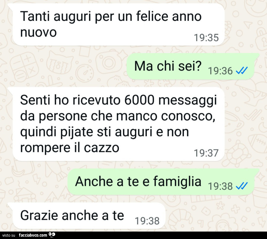 Tanti auguri per un felice anno nuovo. Ma chi sei? Senti ho ricevuto 6000 messaggi da persone che manco conosco, quindi pijate sti auguri e non rompere il cazzo. Anche a te e famiglia. Grazie anche a te
