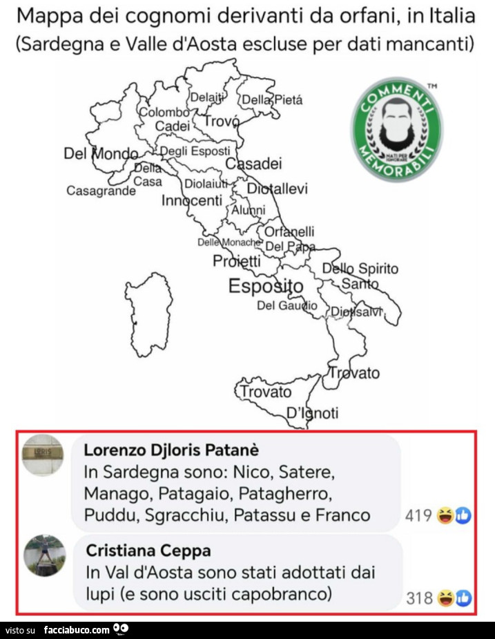 Mappa dei cognomi derivanti da orfani, in italia. Sardegna e valle d'aosta escluse per dati mancanti