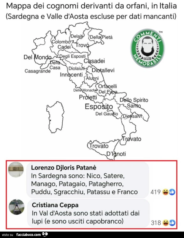 Mappa dei cognomi derivanti da orfani, in italia. Sardegna e valle d'aosta escluse per dati mancanti