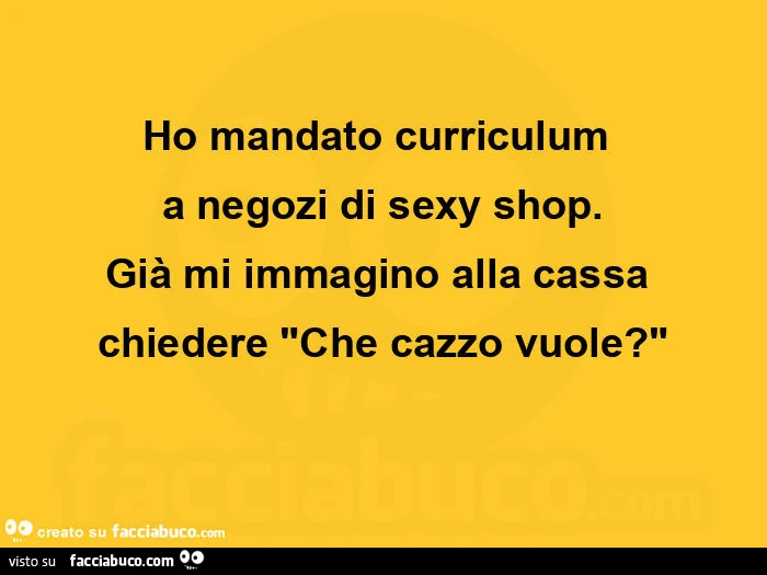 Ho mandato curriculum a negozi di sexy shop. Giร mi immagino alla cassa chiedere che cazzo vuole?