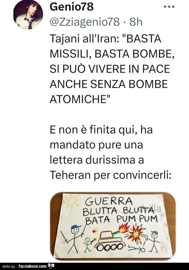 Tajani all'iran: basta missili, basta bombe, si può vivere in pace anche senza bombe atomiche
