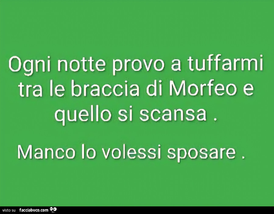 Ogni notte provo a tuffarmi tra le braccia di morfeo e quello si scansa. Manco lo volessi sposare