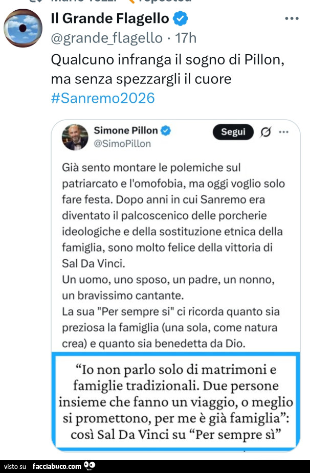 Qualcuno infranga il sogno di pillon, ma senza spezzargli il cuore. Già sento montare le polemiche sul patriarcato e l'omofobia, ma oggi voglio solo fare festa. Dopo anni in cui sanremo era diventato il palcoscenico delle porcherie ideologiche e dell