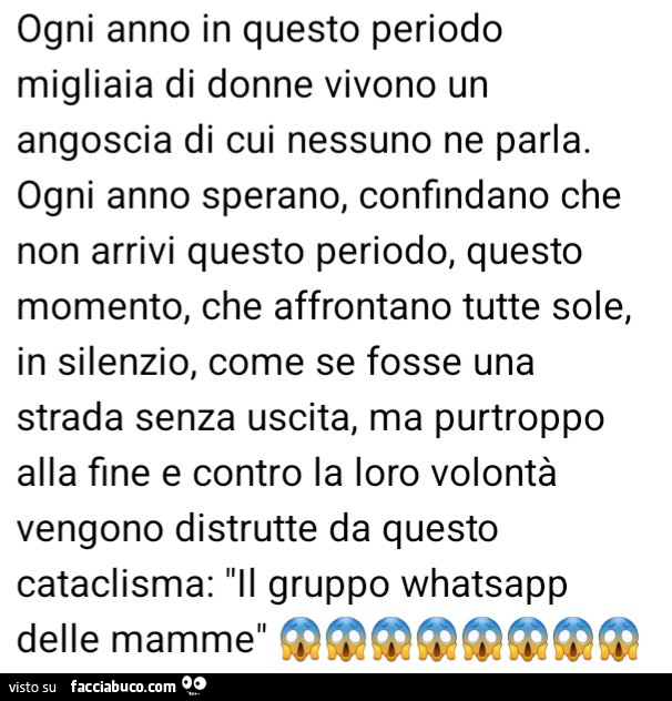 Ogni anno in questo periodo migliaia di donne vivono un angoscia di cui nessuno ne parla. Ogni anno sperano, confindano che non arrivi questo periodo, questo momento, che affrontano tutte sole