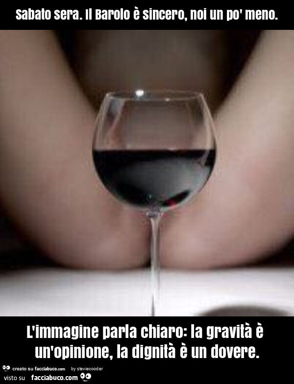 Sabato sera. Il barolo è sincero, noi un po' meno. L'immagine parla chiaro: la gravità è un'opinione, la dignità è un dovere