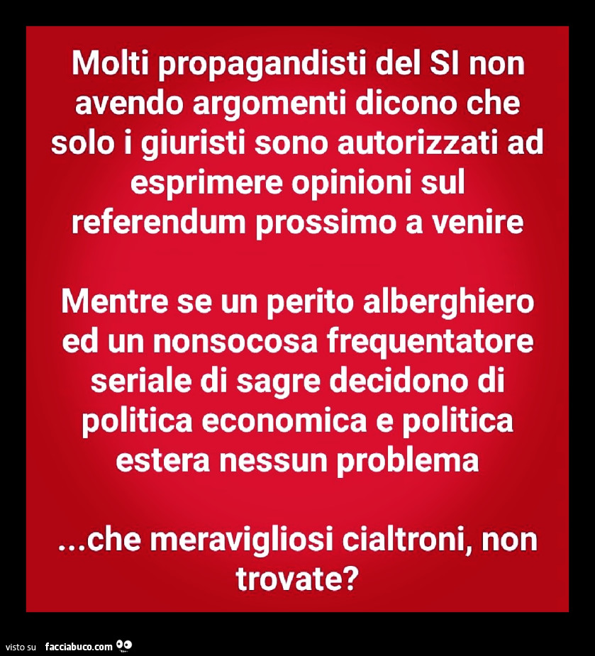 Molti propagandisti del si non avendo argomenti dicono che solo i giuristi sono autorizzati ad esprimere opinioni sul referendum prossimo a venire mentre se un perito alberghiero ed un nonsocosa frequentatore seriale di sagre decidono di politica economic