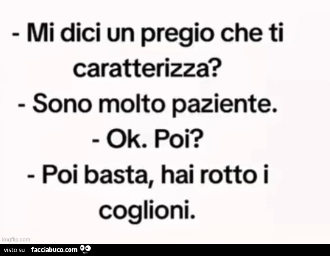 Mi dici un pregio che ti caratterizza? Sono molto paziente. Ok. Poi? Poi basta, hai rotto i coglioni